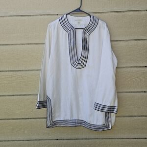 Banana Republic white linen tunic with blue accent embroidery size large